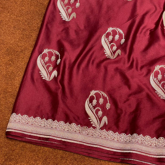 Pure Banarasi Wine Color with Short Border Delicate Paisley/Mango Boota Mashru Silk Saree MSW-11