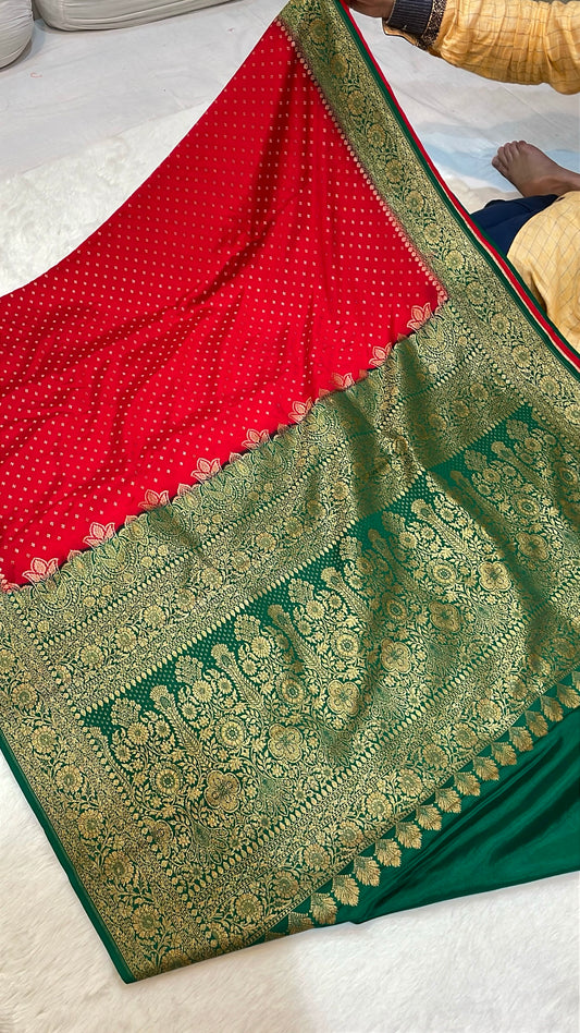 Pure Banarasi Khaddi Crape Silk Handloom Saree with Traditional Corners Red With Green Color