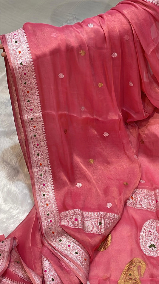 100% Authentic & Luxurious Pure Banarasi Khaddi Chiffon Tissue Saree Gazri Pink Colour