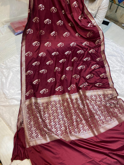 Mashru Silk Saree Imperial Maroon Glow Color With Floral Border All Over Mango Boota MSW24