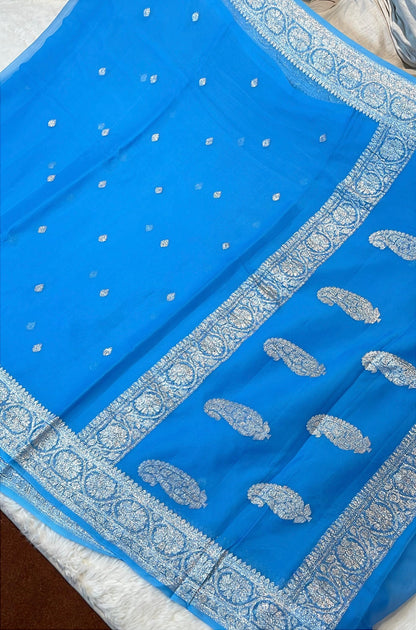 100% Pure Banarasi Khaddi Chiffon Silver Zari Kadwa Buti Handloom Saree Firozi Blue Color