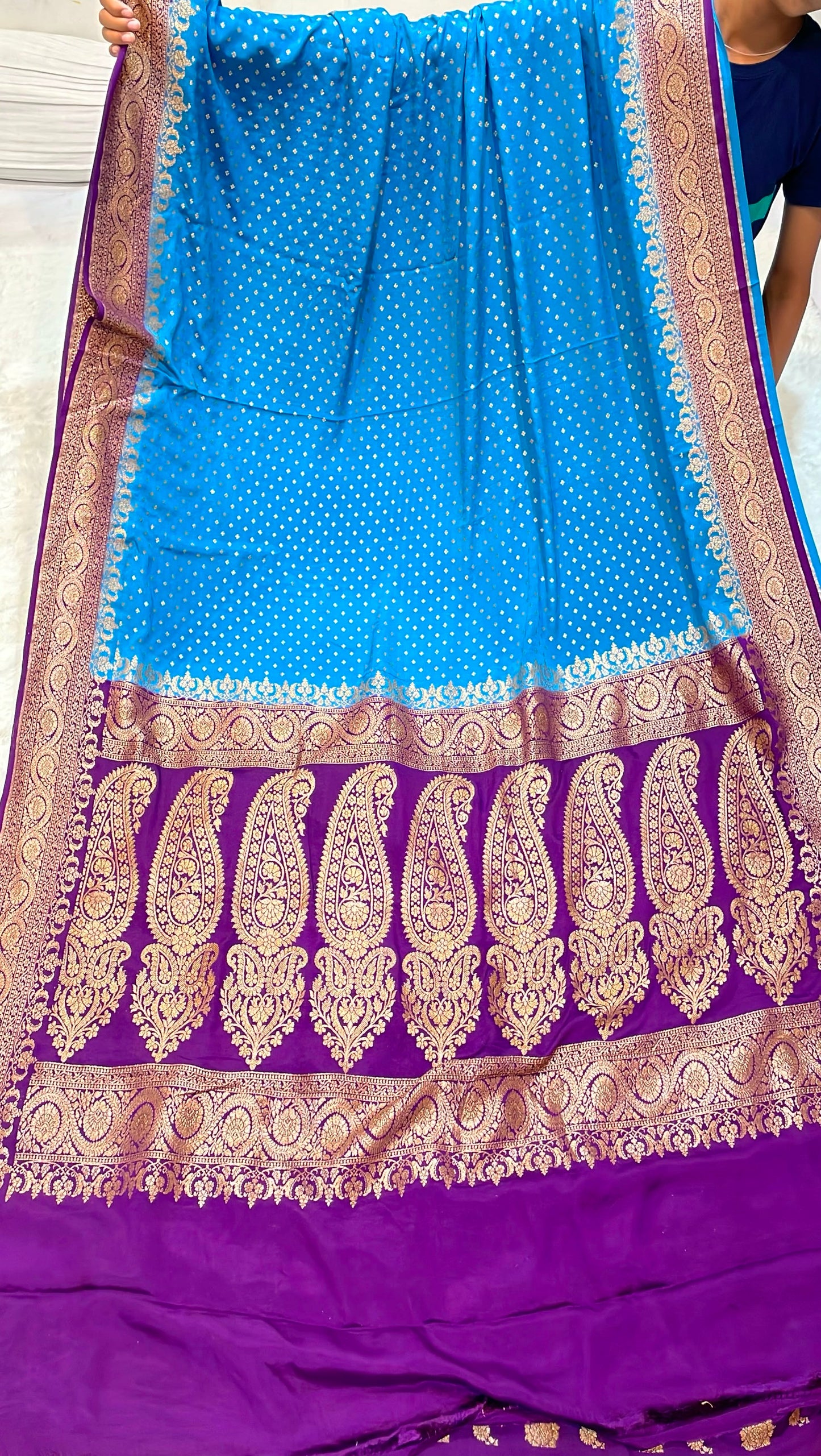 Pure Banarasi Khaddi Crape Silk Handloom Saree with Traditional Corners Firozi with Purple color