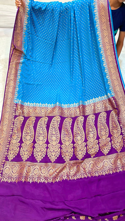 Pure Banarasi Khaddi Crape Silk Handloom Saree with Traditional Corners Firozi with Purple color