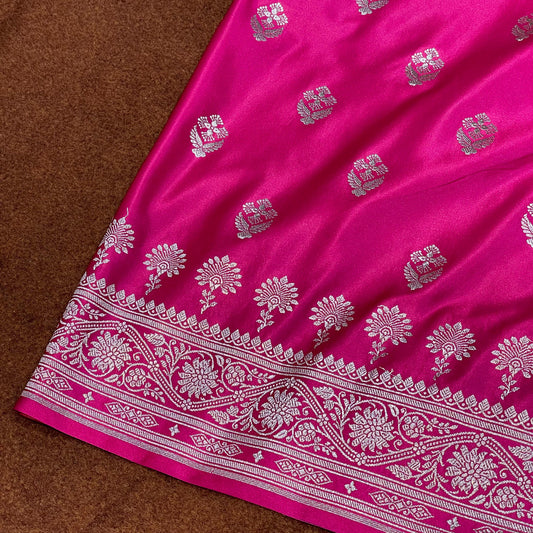 Pure Banarasi Vibrant Rani Pink Color With Floral Border Boota Mashru Silk Saree MSW-108