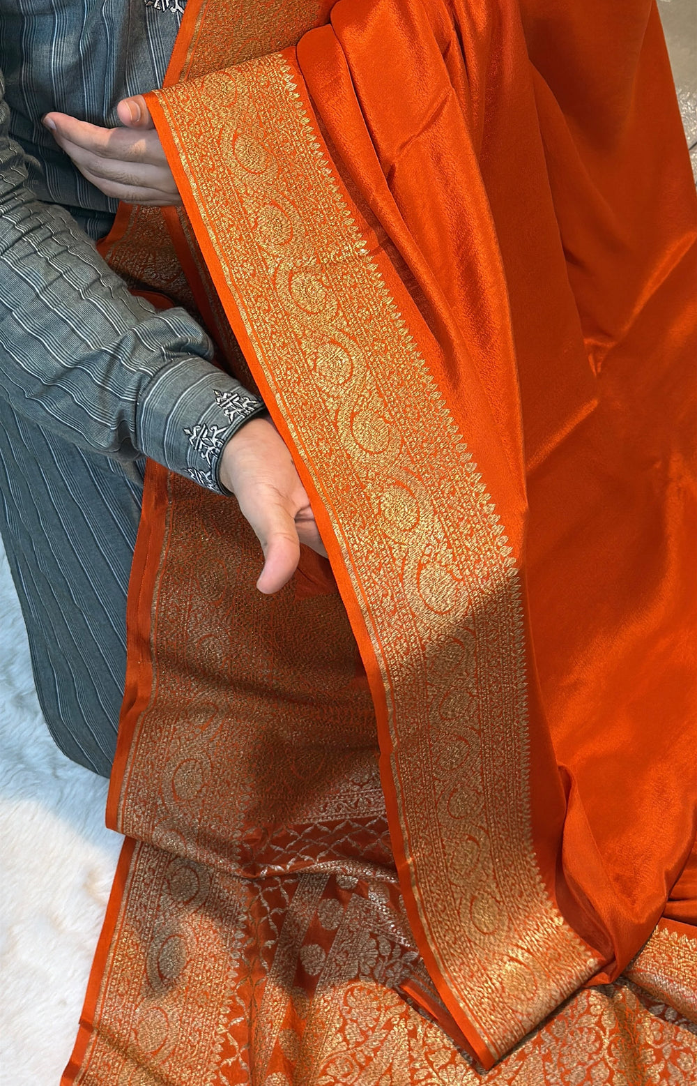 Pure Banarasi Khaddi Crape Silk Handloom Saree with Traditional Corners Rust Orange Color