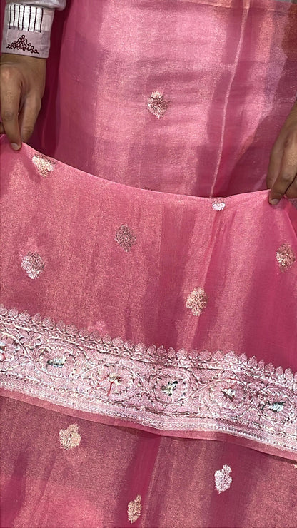 100% Authentic & Luxurious Pure Banarasi Khaddi Chiffon Tissue Saree Enchanting Rose Pink Colour