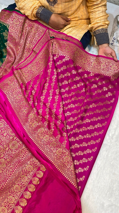 Pure Banarasi Khaddi Crape Silk Handloom Saree with Traditional Corners Green With Rani Color