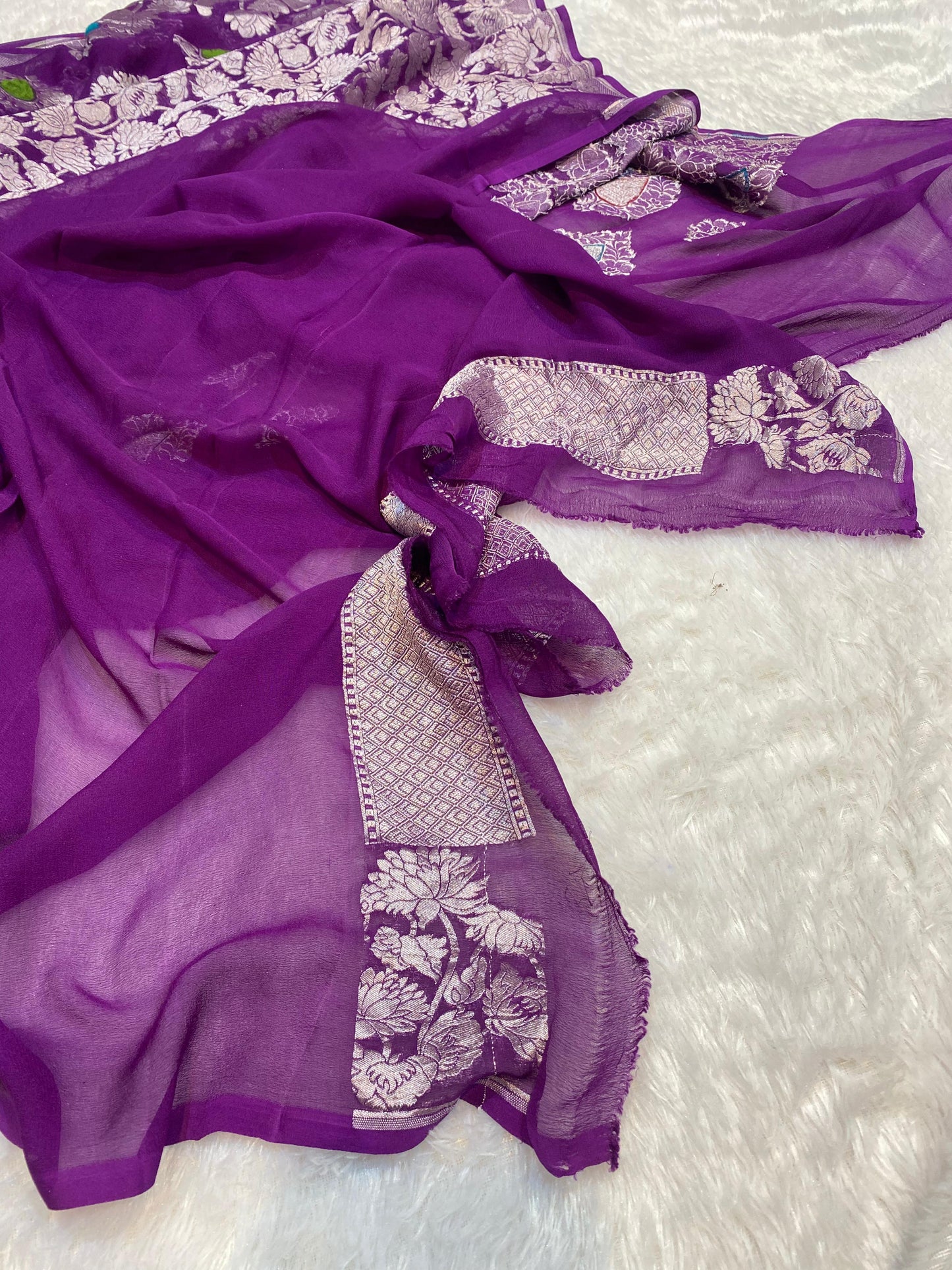 Pure Khaddi Georgette Tissue Saree With Velvet Weaving Voilet Color [*Color Customisable]