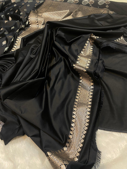 Mashru Silk Saree Black Noir Color With Buta Border Sona Rupa Zari MSW48