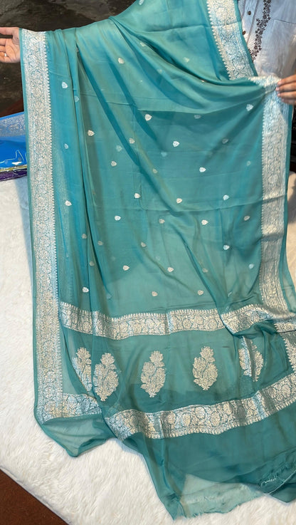 100% Pure Banarasi Khaddi Chiffon Silver Zari Kadwa Buti Handloom Sea Green Color