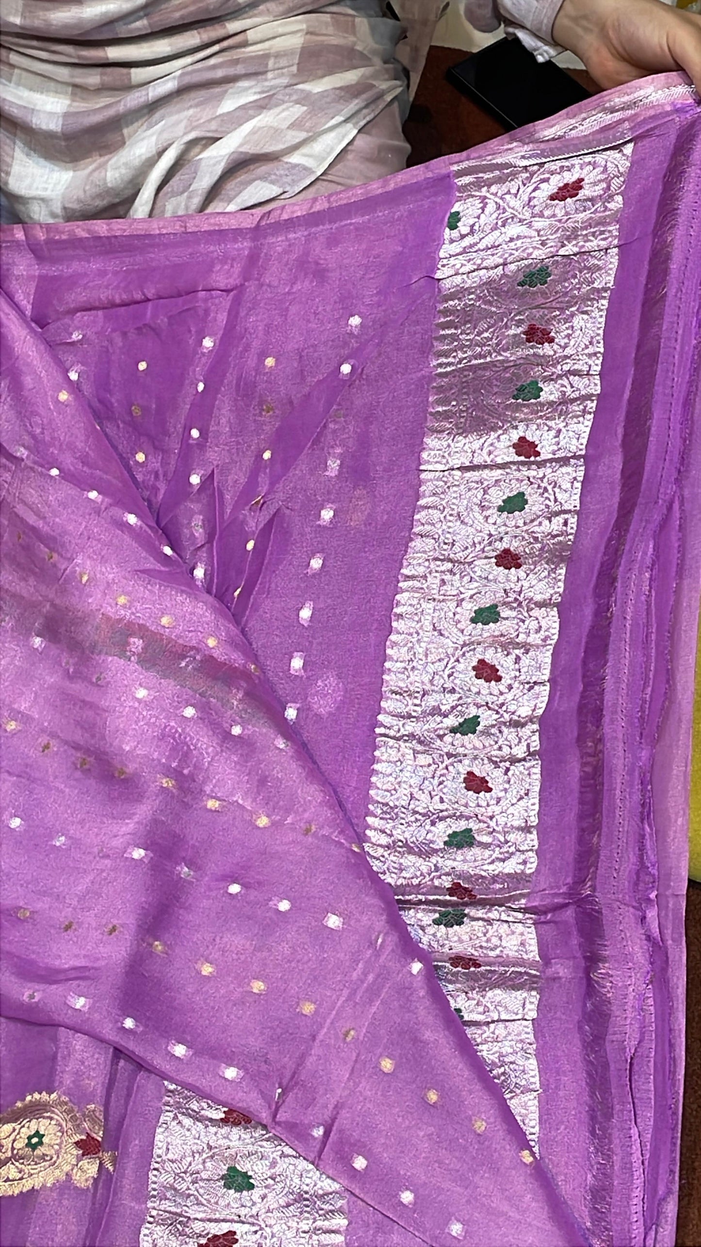 100% Authentic & Luxurious Pure Banarasi Khaddi Chiffon Tissue Saree Hue Lavender Colour
