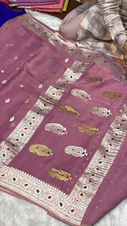 100% Authentic & Luxurious Pure Banarasi Khaddi Chiffon Tissue Saree Purple pink Drape Colour