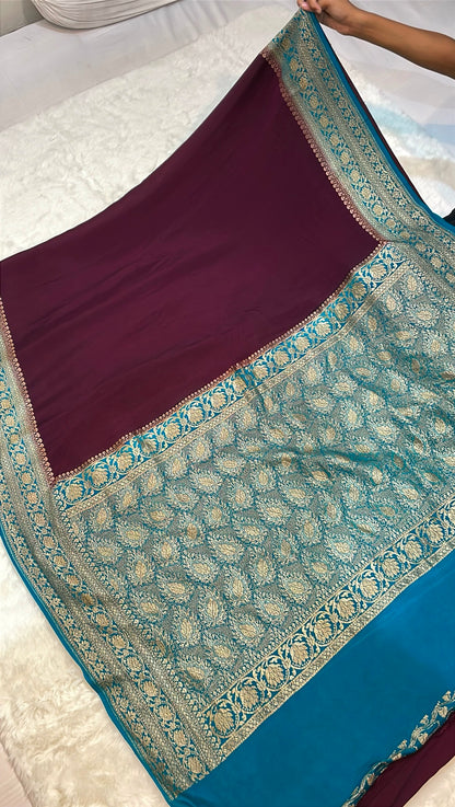 Pure Banarasi Khaddi Crape Silk Handloom Saree with Traditional Corners Wine with Firozi color