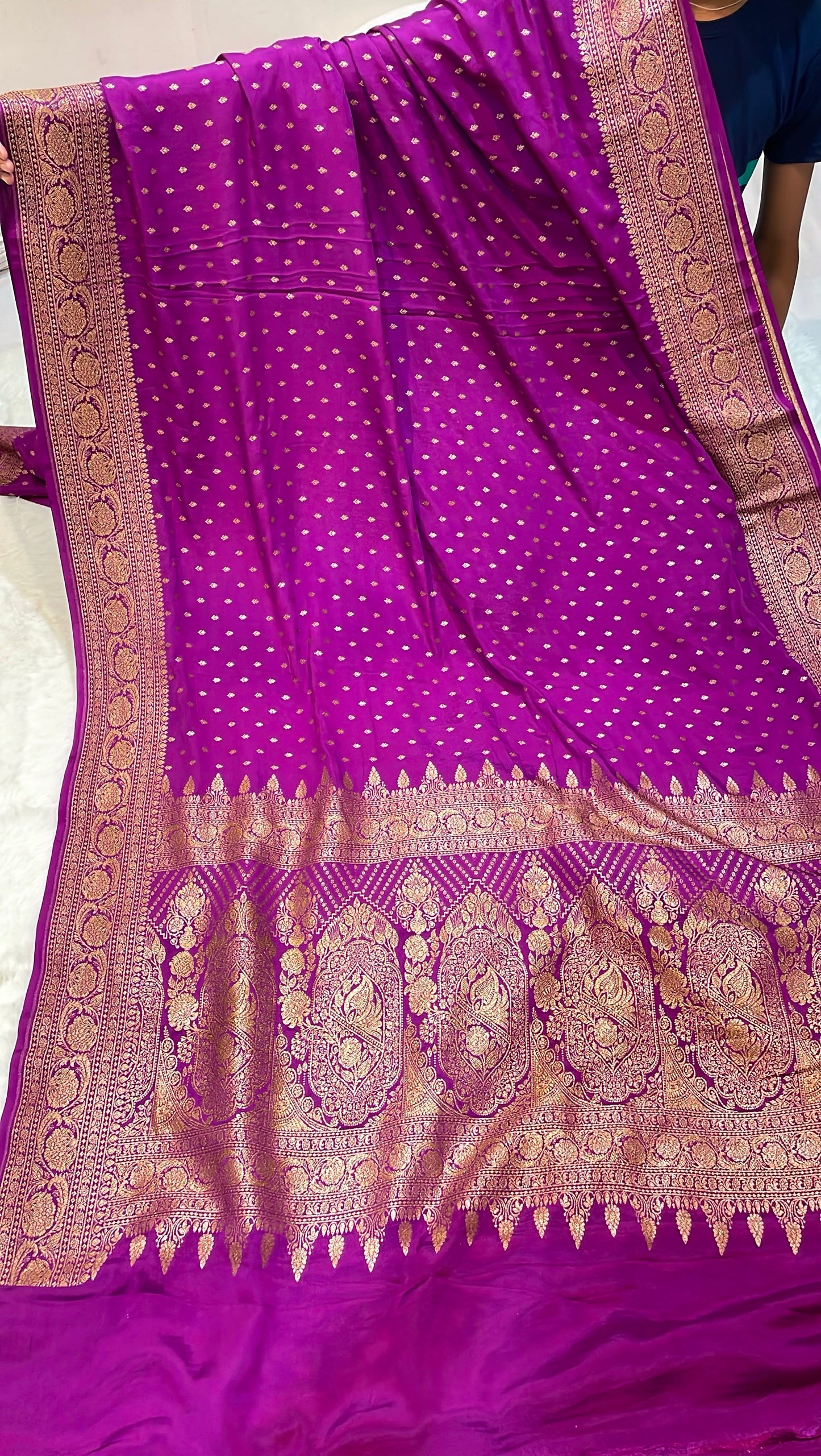 Pure Banarasi Khaddi Crape Silk Handloom Saree with Traditional Corners Rani Color