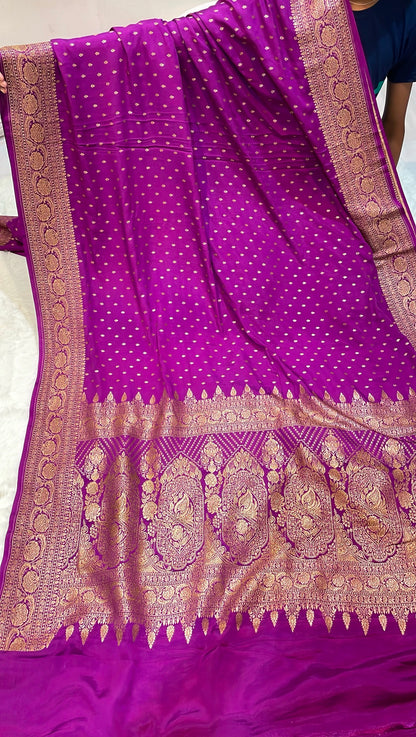 Pure Banarasi Khaddi Crape Silk Handloom Saree with Traditional Corners Rani Color