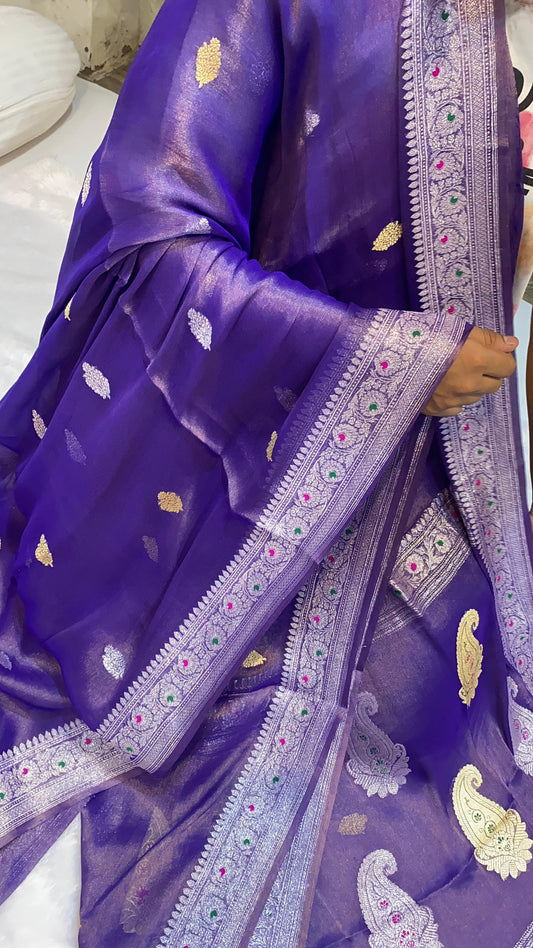 100% Authentic & Luxurious Pure Banarasi Khaddi Chiffon Tissue Saree Deep Purple Shade