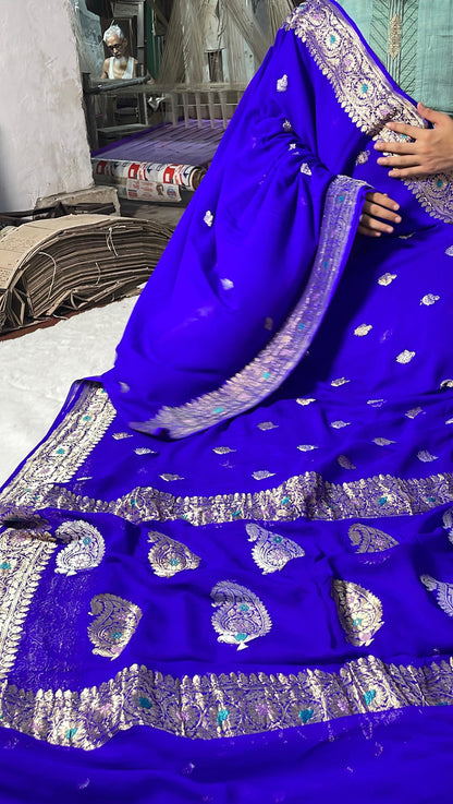 100% Authentic & Luxurious Pure Banarasi Khaddi Chiffon Georgette Saree Royal Blue Color