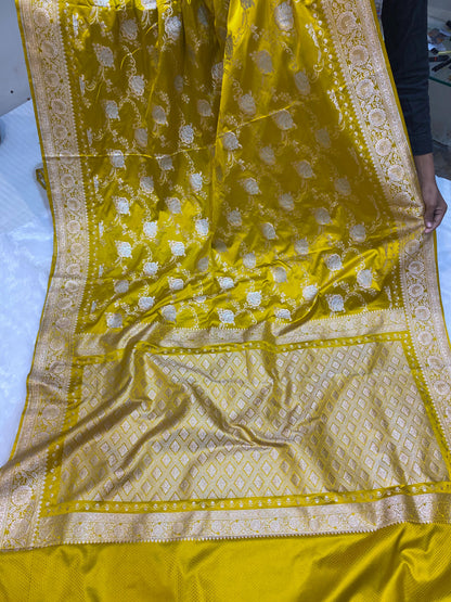 Mashru Silk Saree Canary Yellow Color With Floral Border Sona Rupa Zari Mina Jaal Pattern  MSW38