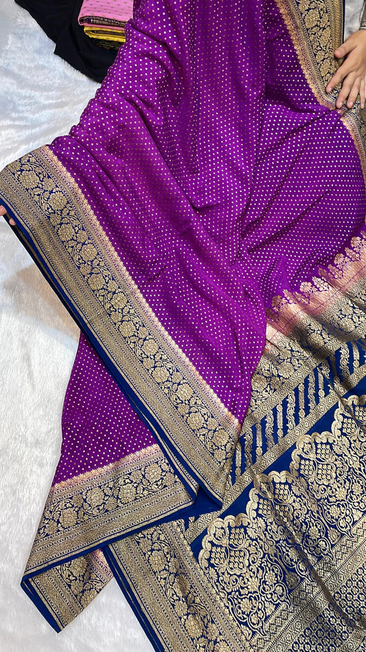 Pure Banarasi Khaddi Crape Silk Handloom Saree with Traditional Corners Purple With Navy Blue