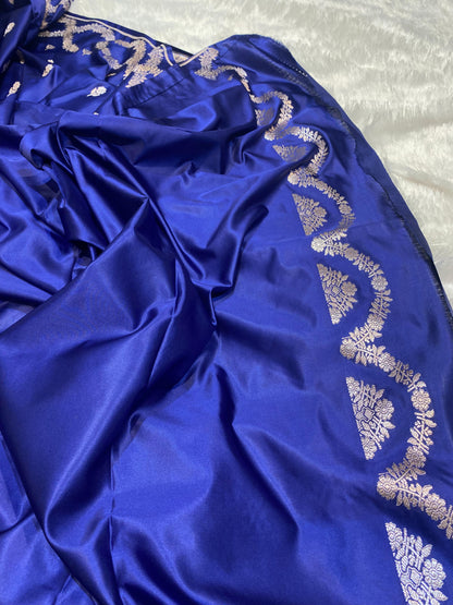 Mashru Silk Saree Royale Blue Color With Floral Border All Over Flower Booti