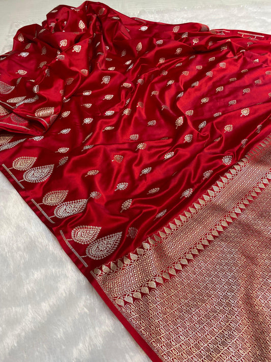 Mashru Silk Saree Crimson Red Color With Buta Border Sona Rupa Zari  MSW35