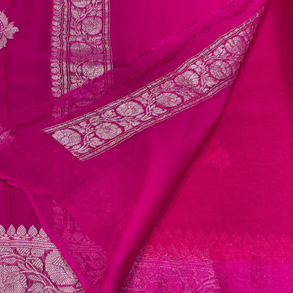 100% Pure Banarasi Khaddi Chiffon Silver Zari Kadwa Buti Handloom Saree Red and Rani Pink Colour