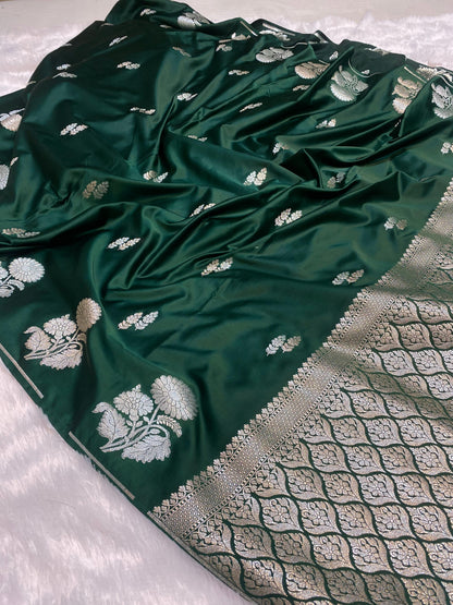 Mashru Silk Saree Bottle Green Color With Flower Buta Border Sona Rupa Zari MSW49