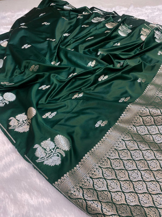 Mashru Silk Saree Bottle Green Color With Flower Buta Border Sona Rupa Zari MSW49