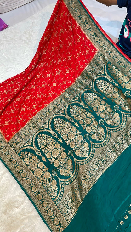 Pure Banarasi Khaddi Crape Silk Handloom Saree with Traditional Corners Red With Bottle Green Color
