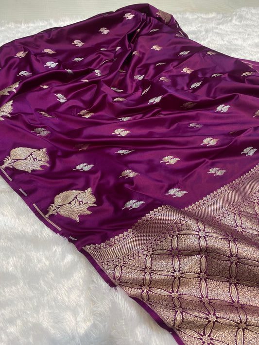 Mashru Silk Saree Rani Pink Color With Flower Buta Border Sona Rupa Zari MSW51