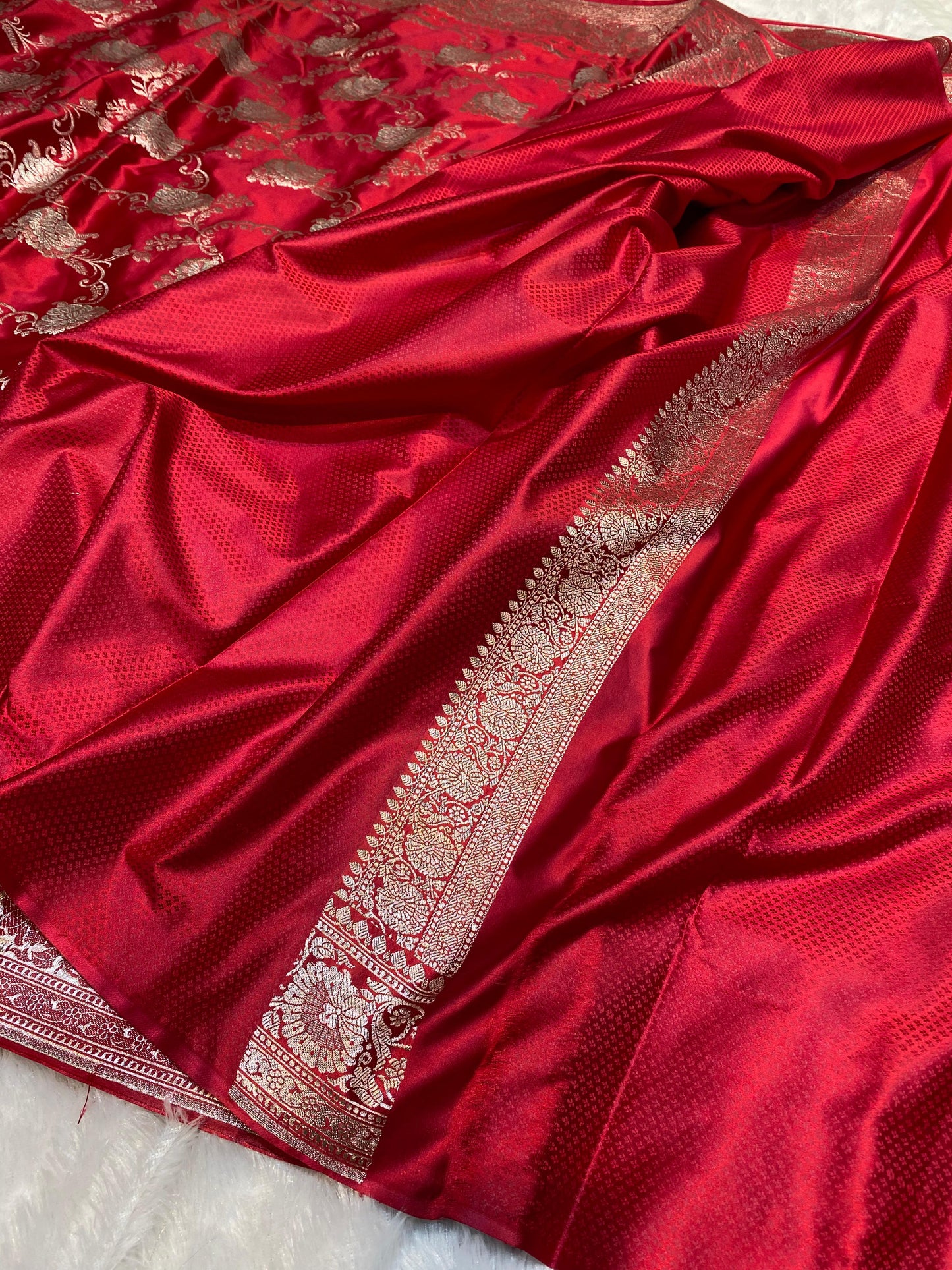 Mashru Silk Saree Imperial Red Color With Floral Border Sona Rupa Zari Mina Jaal Pattern  MSW45