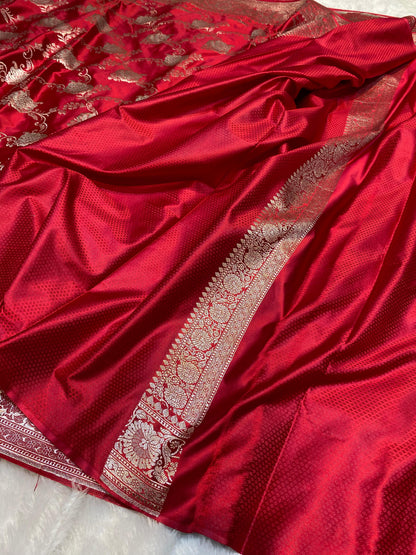 Mashru Silk Saree Imperial Red Color With Floral Border Sona Rupa Zari Mina Jaal Pattern  MSW45