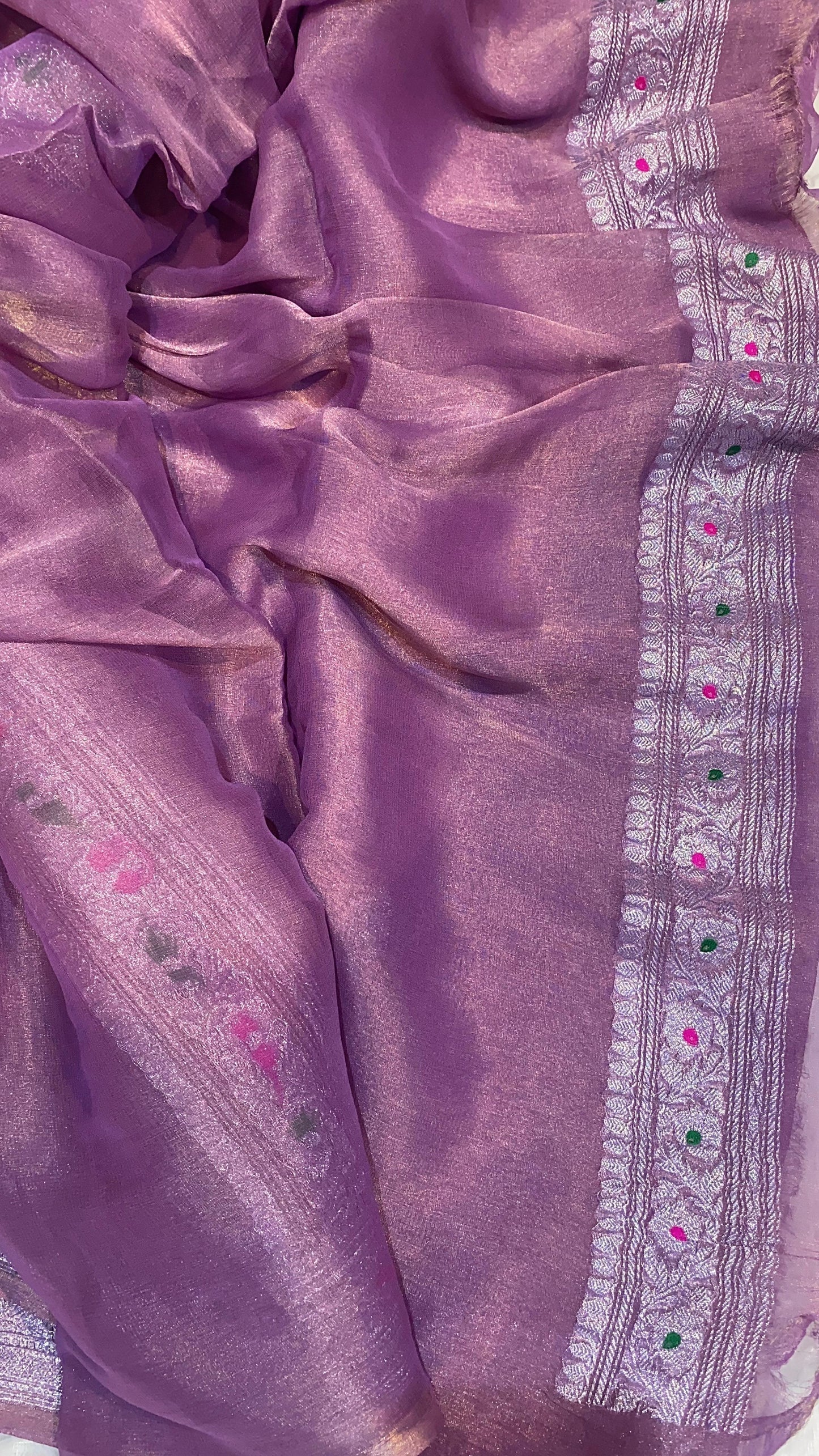 100% Authentic & Luxurious Pure Banarasi Khaddi Chiffon Tissue Saree Lavender/Purple Shade