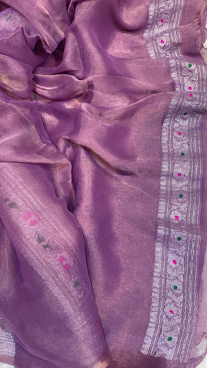 100% Authentic & Luxurious Pure Banarasi Khaddi Chiffon Tissue Saree Lavender/Purple Shade
