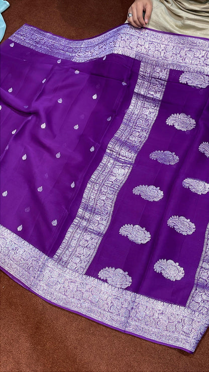 100% Pure Banarasi Khaddi Chiffon Silver Zari Kadwa Buti Handloom Saree Purple Colour