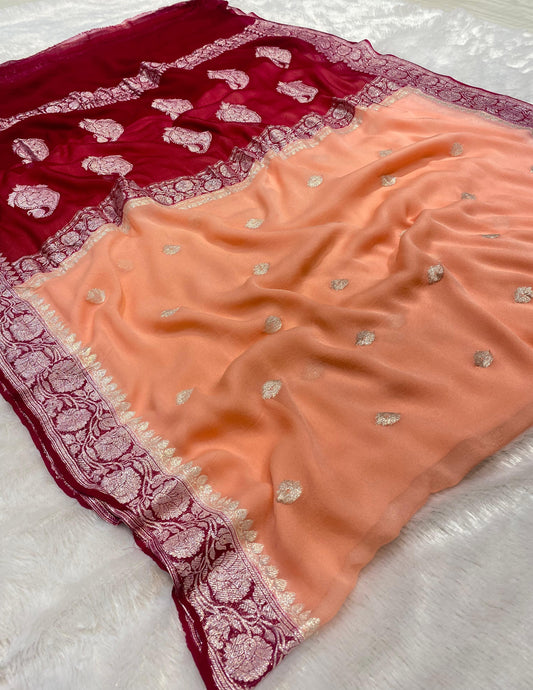 100% Pure Banarasi Khaddi Chiffon Silver Zari Kadwa Buti Handloom Saree Peach Pink Colour