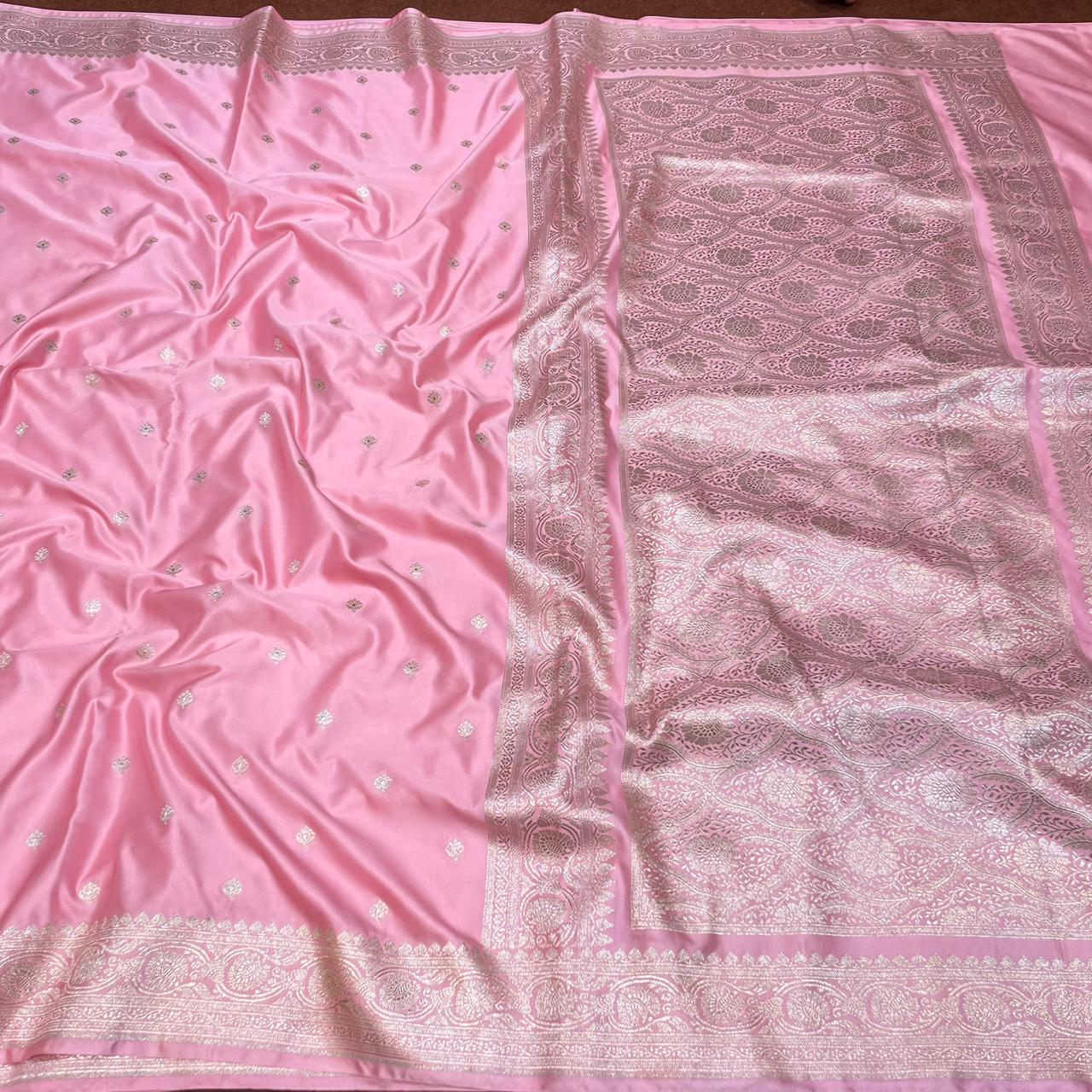 Pure Banarasi Dusty Baby Pink Color With Floral Border Mashru Silk Saree MSW-01