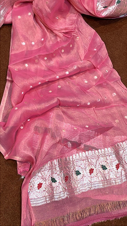 100% Authentic & Luxurious Pure Banarasi Khaddi Chiffon Tissue Saree Enchanting Rose Pink Colour