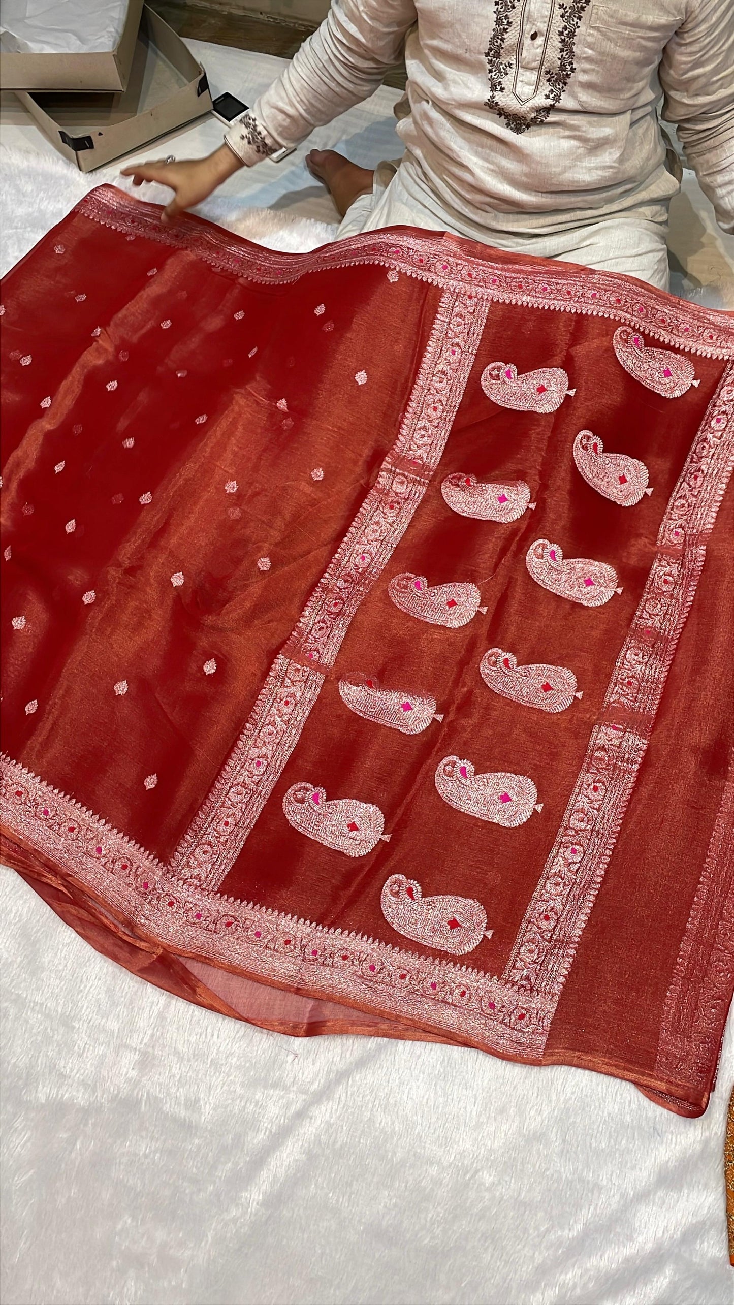 100% Authentic & Luxurious Pure Banarasi Khaddi Chiffon Tissue Saree Rust Red Colour