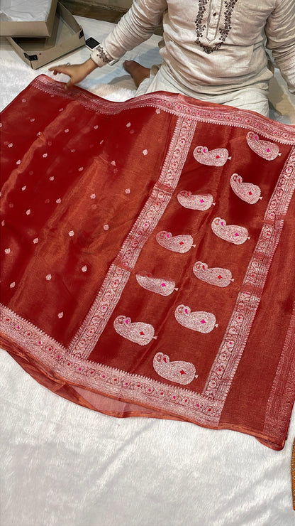 100% Authentic & Luxurious Pure Banarasi Khaddi Chiffon Tissue Saree Rust Red Colour