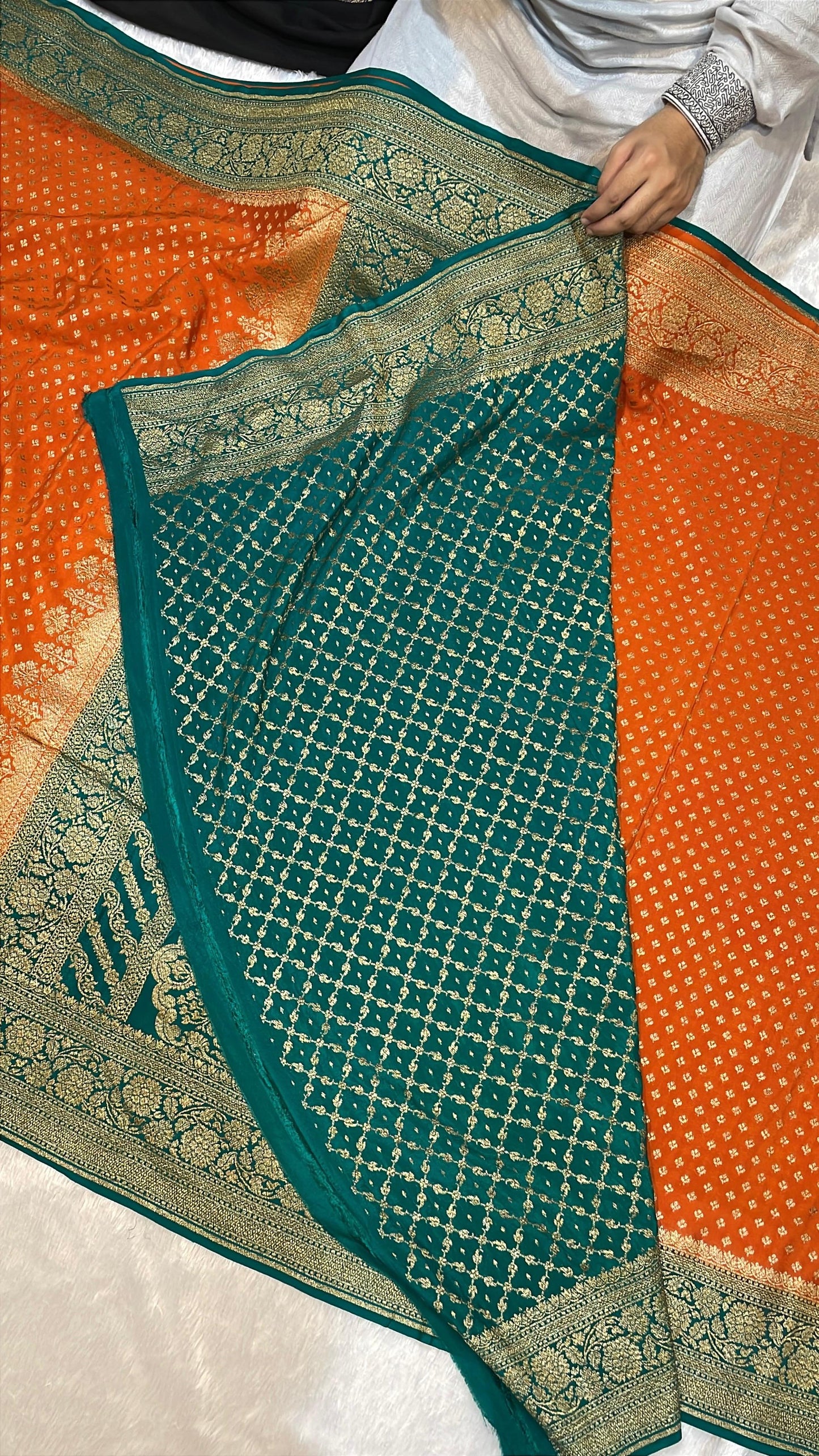 Pure Banarasi Khaddi Crape Silk Handloom Saree with Traditional Corners Orange With Green