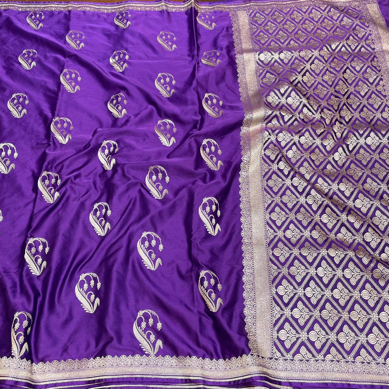 Mashru Silk Saree Deep Purple Color with Short Border Delicate Paisley/Mango Boota MSW-09