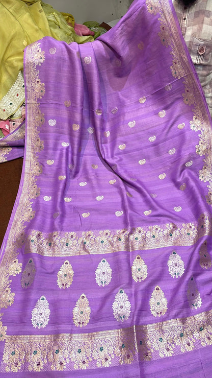 Guaranteed Pure Authentic & Luxurious Banarasi Tusser Georgette Sarees Lavender Color