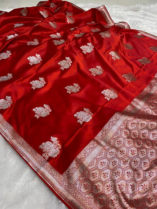 Mashru Silk Saree Scarlet Red with Sona Rupa Zari