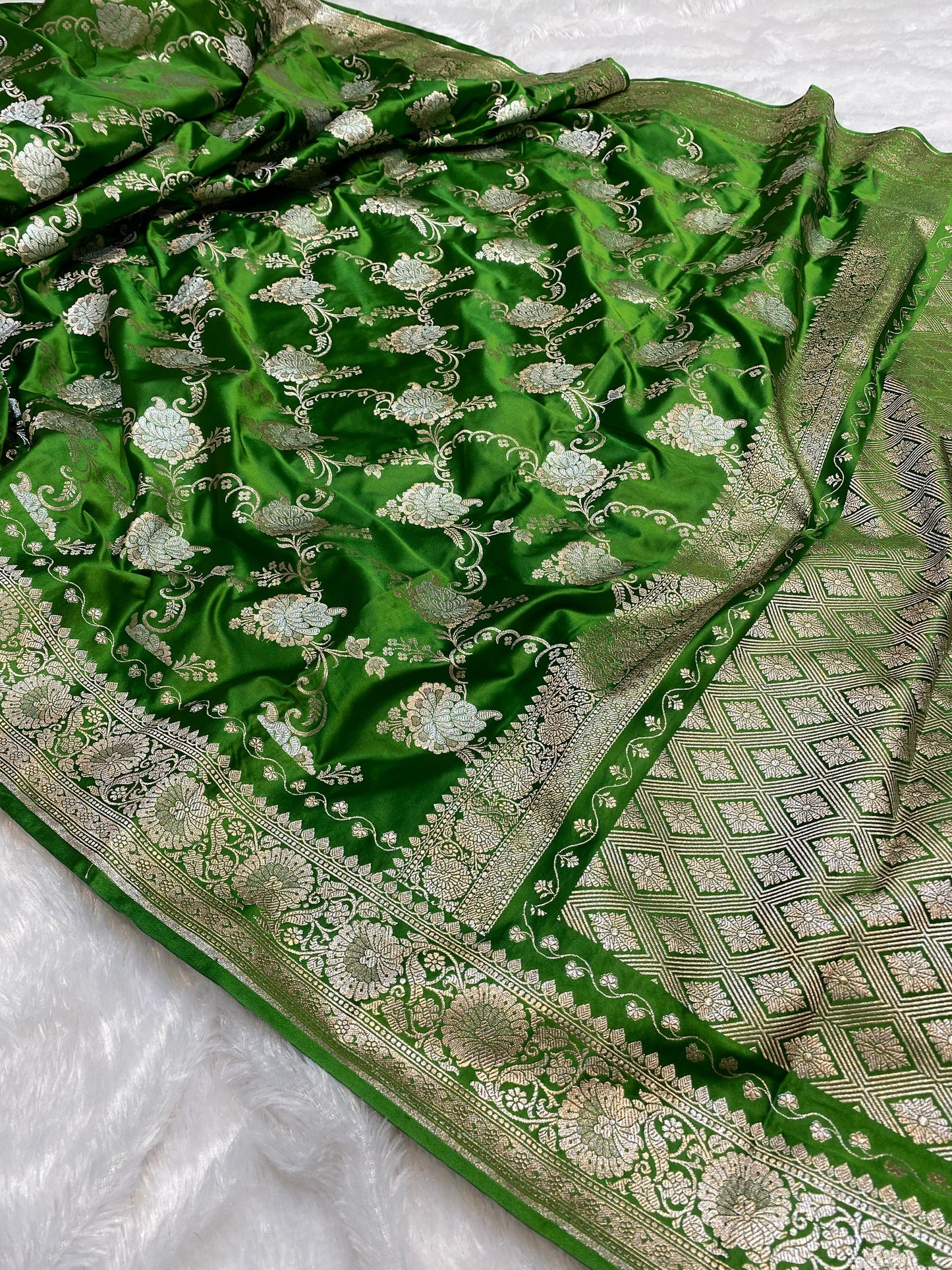 Mashru Silk Saree Dime Green Color With Floral Border Sona Rupa Zari Mina Jaal Pattern MSW41