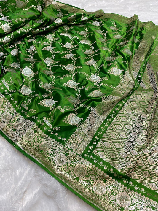 Mashru Silk Saree Dime Green Color With Floral Border Sona Rupa Zari Mina Jaal Pattern MSW41