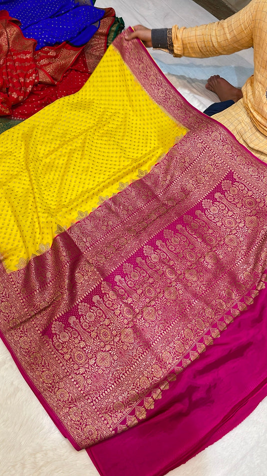Pure Banarasi Khaddi Crape Silk Handloom Saree with Traditional Corners Yellow With Rani Color