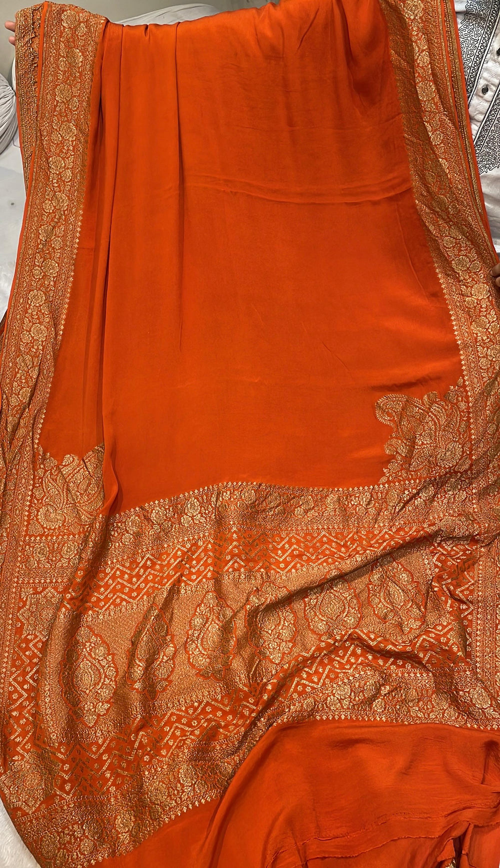 Pure Banarasi Khaddi Crape Silk Handloom Saree with Traditional Corners Rust Orange Color