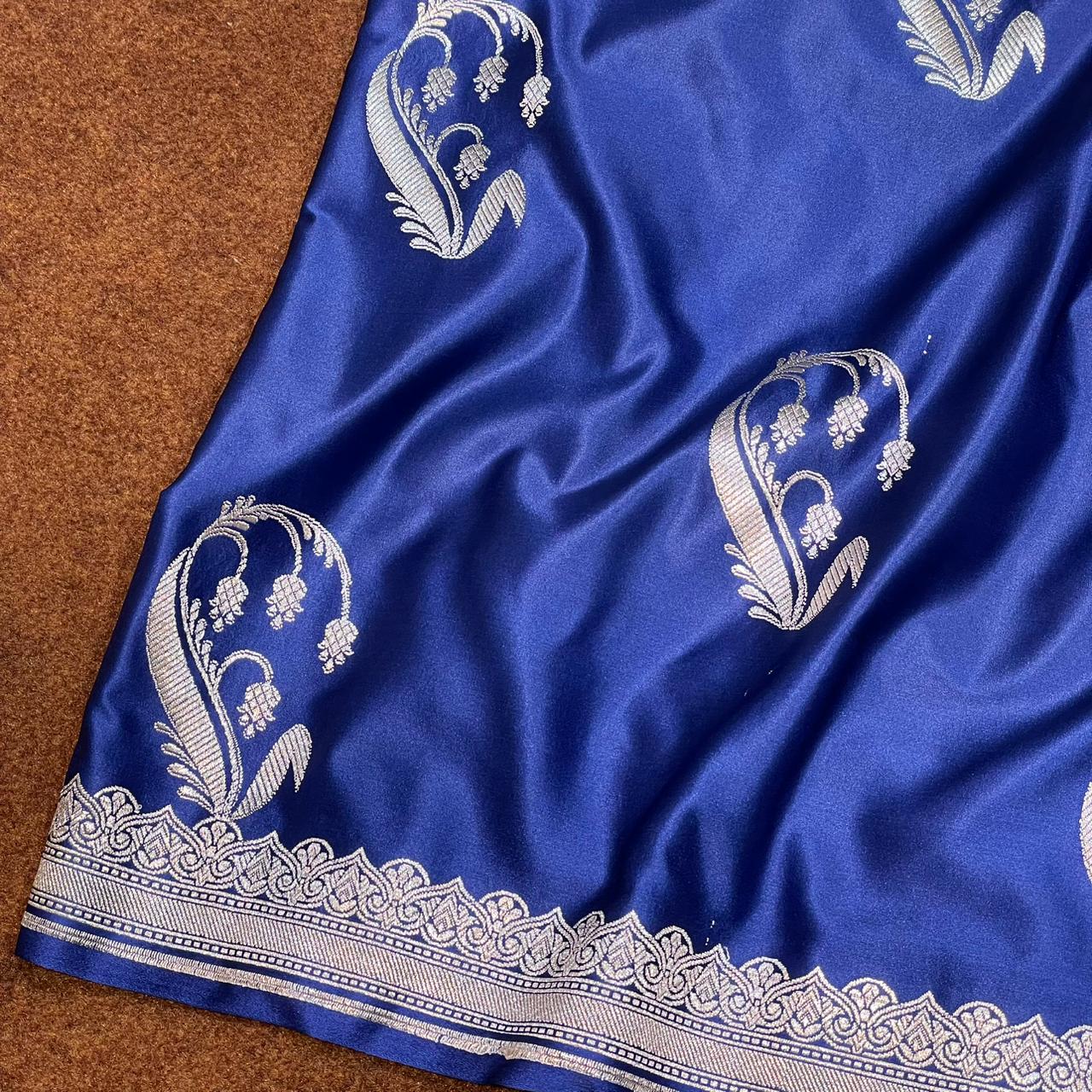 Mashru Silk Saree Royal Blue Color with Short Border Delicate Paisley/Mango Boota MSW-12
