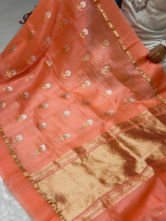 Peach Color Pure Kora Organza Banarasi Handloom Saree's